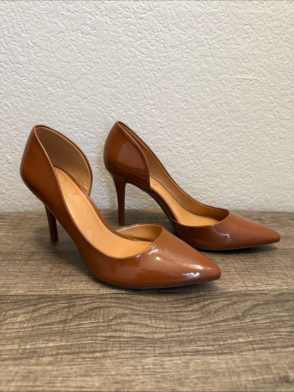 Jessica Simpson Tan Patent Pointed-Toe Pumps